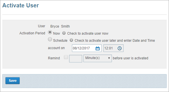 settings for activating a new user account