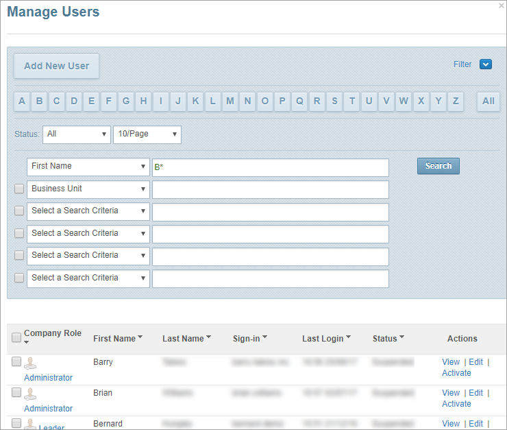 manage users page